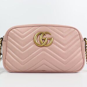 Gucci Calfskin Matelasse Small GG Marmont Chain Shoulder Bag Perfect Pink